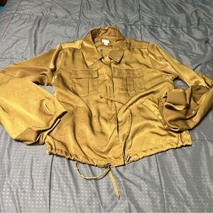 A New Day Cropped Golden Olive Cinchable Puff Sleeve Boho Jacket Womens Large